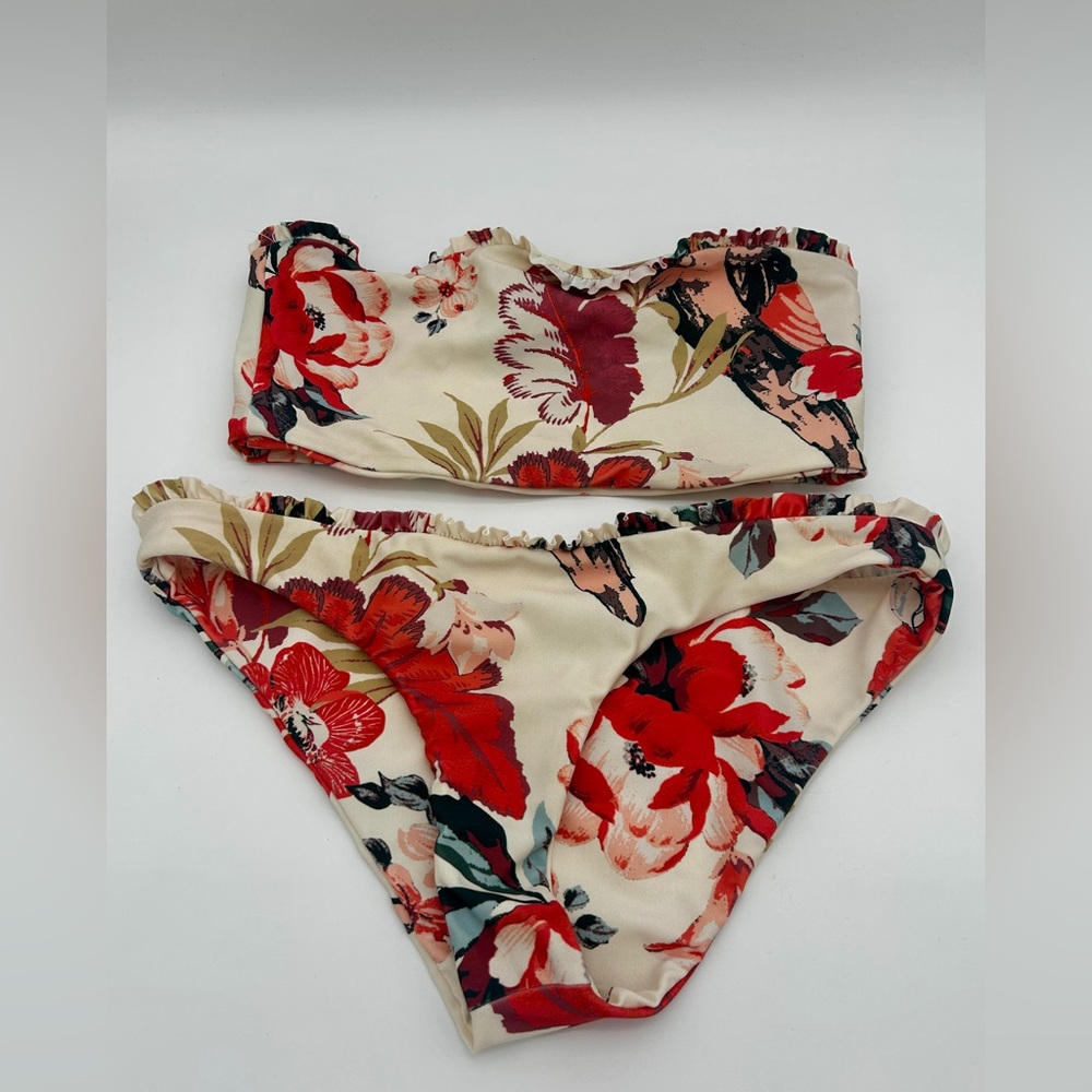Tularosa Strapless Bandeau Bikini Ivory Floral Ruffle Size Medium